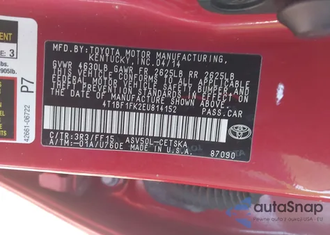 2014 Toyota Camry Se из США, поврежденный, VIN 4T1BF1FK2EU814152